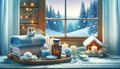 Cozy Winter Window Sill with Warm Decorations, AI Generated Royalty Free Stock Photo