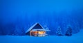 A serene winter scene with a lonesome wooden house