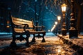 A Serene Winter Scene: Park Bench on Snowy Sidewalk Royalty Free Stock Photo