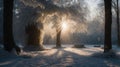 Magical Winter Sunrise in Snowy Park Royalty Free Stock Photo