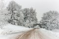 Serene winter scenery: Snowy mountain road on a cold day