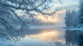 Serene Winter Sunrise Over a Snow-Covered Lake Royalty Free Stock Photo