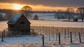 Old Wooden Barn in Snowy Vineyard Field at Golden Sunrise in Winter Season Royalty Free Stock Photo