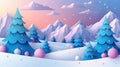 A Serene Winter Wonderland Snow Covered Landscape with Pine Trees and Snowflakes Falling Amidst a Pastel Colored Sky and Majestic Royalty Free Stock Photo