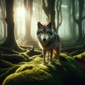 A serene wolf captured in a lush, green forest, surrounded by mist and sunbeams. Royalty Free Stock Photo