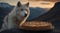 Wolf Contemplates Apple Pie Against Majestic Mountain Backdrop During Sunset Royalty Free Stock Photo