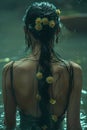 A serene woman with delicate flowers intertwined in her flowing hair gracefully submerges herself in the tranquil water