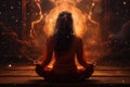 A serene woman sits calmly in a lotus position, focused on the powerful fire ball in front of her, Young woman meditating at dawn