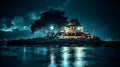 A Serene Wooden House on a Small rocky Island in the Middle of the Ocean, and a tree with a bright light and reflect on the water Royalty Free Stock Photo