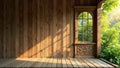 Serene wooden interior with sunlight streaming through an ornate window and lush greenery. Generative AI Royalty Free Stock Photo