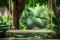 Serene wooden swing suspended by rope in lush garden oasis with greenery for morning tranquility