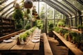 A serene wooden table sits amidst a lush paradise of potted plants inside a greenhouse, An organic farm-to-table restaurant, ready