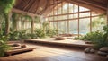 Serene scene of a meditation retreat wooden yoga place full of vegetation