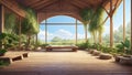 Serene scene of a meditation retreat wooden yoga place full of vegetation