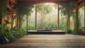 Serene scene of a meditation retreat wooden yoga place full of vegetation