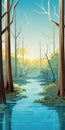 Serene Woodland Forest Valley Illustration With Vibrant Cartoonish Style