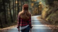 Back of woman walking on road in woods Royalty Free Stock Photo