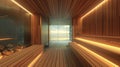 The serene woodlined interior of a traditional sauna promoting a feeling of being one with nature and deep relaxation.