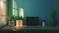 Serene Workspace 3D Render Sunlight Laptop Plants Teal Wall Royalty Free Stock Photo