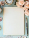 A serene workspace featuring a blank notebook, pen, roses, and vintage clocks, perfect for inspiration and creativity Royalty Free Stock Photo