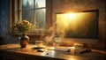 Serene workspace with golden hour sunlight streaming through window and dust motes dancing on computer screen. Generative AI Royalty Free Stock Photo