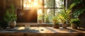 Serene Workspace Harmony: Nature Meets Technology. Concept Workspace Design, Nature-Inspired Decor,