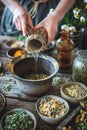 A serene workspace with a healer mixing an herbal remedy in an infusion pot, with poultices laid out to combat toxins