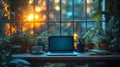 Serene workspace with a laptop plants and sunlight through the window in a cozy indoor setting Royalty Free Stock Photo