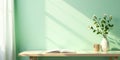 Serene workspace with open book, flowers, and sunlight streaming through sheer curtains. Generative AI Royalty Free Stock Photo