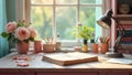 Serene workspace with open book, roses, and desk lamp in soft sunlight. Generative AI Royalty Free Stock Photo