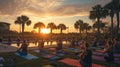 A serene yoga class at sunrise, participants in a tranquil outdoor. Resplendent.