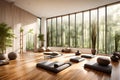 A serene yoga and meditation room with bamboo flooring, floor-to-ceiling windows