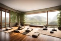 A serene yoga and meditation room with bamboo flooring, floor-to-ceiling windows