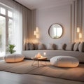 A serene yoga and meditation room with floor cushions, soft lighting, and calming decor1