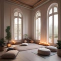 A serene yoga and meditation room with floor cushions, soft lighting, and calming decor5