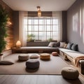 A serene yoga and meditation room with floor cushions, soft lighting, and calming decor3