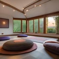 A serene yoga and meditation room with floor cushions, soft lighting, and calming decor2