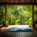 Serene Yoga Retreat: Vibrant Turquoise Mat Amidst Lush Palm Trees on Polished Wooden Deck