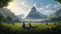 A serene yoga session in a lush green meadow ultra realistic illustration - Generative AI.