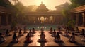 A serene yoga session in a temple courtyard ultra realistic illustration - Generative AI.