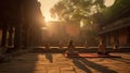 A serene yoga session in a temple courtyard ultra realistic illustration - Generative AI.