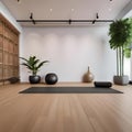 A serene yoga studio with bamboo flooring, a living plant wall, and soft earthy tones3