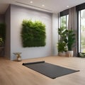 A serene yoga studio with bamboo flooring, a living plant wall, and soft earthy tones1