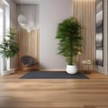 A serene yoga studio with bamboo flooring, a living plant wall, and soft earthy tones4