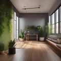 A serene yoga studio with bamboo flooring, a living plant wall, and soft earthy tones5