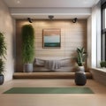 A serene yoga studio with bamboo flooring, a living plant wall, and soft earthy tones2