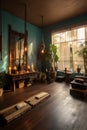 serene yoga studio with candles and incense