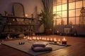 serene yoga studio corner with candles, mat, and props