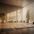 A serene yoga studio with a 3D bamboo wall texture