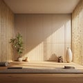 A serene yoga studio with a 3D bamboo wall texture